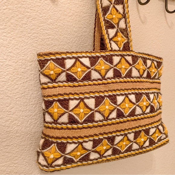 Vintage Handmade Burlap Embroidered Satchel Hand Bag Geometric Tan Brown Boho - Picture 5 of 15